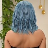 cheap Synthetic Trendy Wigs-Synthetic Wig Wavy Water Wave Layered Haircut Neat Bang Machine Made Wig 12 inch A1 Synthetic Hair Women&#039;s Classic Adorable Comfortable Blue