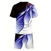 baratos Conjuntos de camisetas estampadas masculinas-Homens Geométrico Linha 2pcs Conjuntos de camisetas Tops de verão Manga Curta Calças curtas Gola Redonda Desporto Casual Diário Desportos e Ar livre Casual Diário Impressão 3D Verão Azul Preto