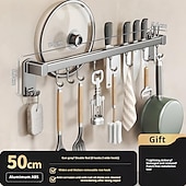 economico Stoccaggio cucina-Supporto portaoggetti multifunzionale per cucina con ventosa, ABS, alluminio, asta appendiabiti con gancio &amp;portacoltelli a parete, portapale, portacoperchi, soluzione unica per riporre utensili da