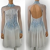 preiswerte Eiskunstlaufkleider-Eiskunstlaufkleid Damen Mädchen Eislaufen Kleid Himmelblau Weiß Patchwork Offener Rücken Netzstoff Spandex Hohe Elastizität Training Wettbewerb Eiskunstlaufkleidung Klassisch Kristall / Strass Langarm