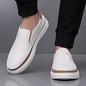 baratos Ténis para Homem-Tênis masculinos slip-on brancos com detalhes em PU – calçados leves e modernos para streetwear, viagens e trajes casuais