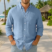 preiswerte Urlaub-Herren Baumwoll-Leinen-Hemd Einfarbig Urlaub Schwarz Weiß Rosa Dunkelmarine Langarm Revers Bekleidung Button-Down