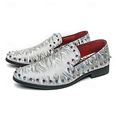 preiswerte Herrenpantoletten &amp; -slipper-Herren-Loafer aus weißem strukturiertem Satin mit bunten Nieten – modische Ballschuhe für Abschlussfeiern und besondere Anlässe