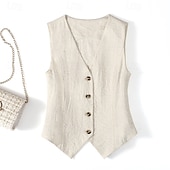 abordables Chemises-Gilet en coton et lin pour femme, uni, moderne, sans manches, col en V, régulier, pour tous les jours, pour sortir, boutons, noir, beige, été