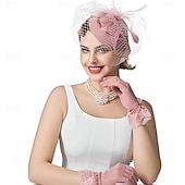 cheap Fascinators-Fascinators Pillbox Hats for Women, Tea Party Hat and Short Lace Gloves Set Perfect for Kentucky Derby, Cocktail