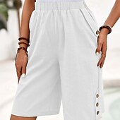 cheap Cotton Linen Shorts-Women&#039;s Cotton Linen Shorts Shorts Crop Streetwear Casual Knee Length Natural Plain Pocket Elastic Waist Outdoor Comfortable Outdoor Going out Light Sky Blue Black White Dark navy Summer Regular Fit