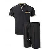 cheap Men&#039;s Tee Sets-Men&#039;s Waffle Shirt T-shirt Suits 2 Pieces Outfits Tee &amp; Shorts Short Sleeve Standing Collar Summer Color Block Fashion Casual 2 Piece Front Pocket Vacation Daily Wear Going out Black White Royal Blue