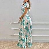 economico Abiti eleganti floreali-Per donna Abito Lungo Maxi Abito Abito da Cocktail Abito Floreale Abito Stampato Moda Moderno All&#039;aperto Vacanza Ferie Vestibilità regolare Fiore Manica Corta Scollo a V Blu Arancione Rosso rosa