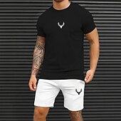baratos Conjuntos de camisetas estampadas masculinas-Homens Veado 2pcs Conjuntos de camisetas Manga Curta Calças curtas Gola Redonda Casual Esporte Casual Diário Impressão 3D Verão Preto-branco