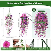 ieftine Plante și flori artificiale-5 buc flori artificiale agățate de glorie de dimineață pentru exterior, petunii artificiale rezistente la UV, mătase falsă, viță de vie lungă, eucalipt, glorie de dimineață, pentru exterior, jardinier de interior, verandă, combinație de decor pentru casă.