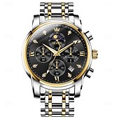 baratos Relógios Quartz-OLEVS 3655 Relógio Clássico Fase da Lua Mostrador Três Olhos Masculino Relógio de Aço Inoxidável para Masculino Fivela Borboleta à Prova d&#039;Água Relógio de Quartzo