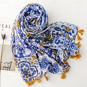 abordables Mangas &amp; Bufanda-Bufanda con estampado bohemio azul, 100 % poliéster, transpirable. &amp;Chal de playa decorativo, resistente al sol, con flecos, estilo bohemio inelástico, lavable a mano - sin plumas