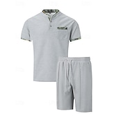 cheap Men&#039;s Tee Sets-Men&#039;s Waffle Shirt T-shirt Suits 2 Pieces Outfits Tee &amp; Shorts Short Sleeve Standing Collar Summer Color Block Fashion Casual 2 Piece Front Pocket Vacation Daily Wear Going out Black White Royal Blue