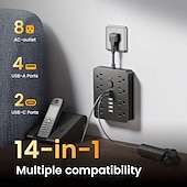 ieftine Aparate de uz casnic-Prelungitor plat 14-in-1 cu 4 prize AC și 6 porturi USB (2 USB-C) – Protecție împotriva suprasarcinii și placă de expansiune a puterii