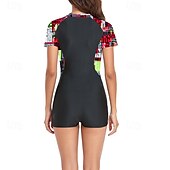 abordables Maillots de bain une pièce-Femmes Maillots de Bain Une Pièce Maillot de bain Zip Up Patchwork Tropical Tenues de plage Fleur Col rond Manches courtes Maillots de bain