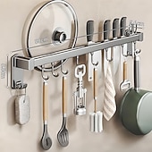 economico Stoccaggio cucina-Supporto portaoggetti multifunzionale per cucina con ventosa, ABS, alluminio, asta appendiabiti con gancio &amp;portacoltelli a parete, portapale, portacoperchi, soluzione unica per riporre utensili da