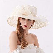 cheap Party Hats-Hats Organza Sun Hat Holiday Tea Party Horse Race Cocktail Elegant Vintage Cute With Floral Headpiece Headwear