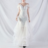 economico ROSSO-Abiti Quinceanera Mermaidi  Trumpet in Paillettes Elegante Abito Formale Semi Formale Matrimonio Lunghezza P_avimento Senza Maniche Scollo a V Tulle Volant con Piume