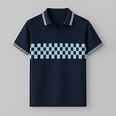  Homens Pólo Trabalho O negócio Coleira de gaivota Manga Curta Férias Vintage Xadrez Botões Estampado Verão Primavera Normal Azul Marinha Pólo