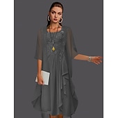 abordables Avec veste-Robe à deux pièces A-ligne pour la mère de la mariée à la plage invitée de mariage élégant col arrondi longueur genou chiffon dentelle sans manches vestes avec plis et appliqués 2025 taille