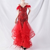 economico ROSSO-Abiti Quinceanera Mermaidi  Trumpet in Paillettes Elegante Abito Formale Semi Formale Matrimonio Lunghezza P_avimento Senza Maniche Scollo a V Tulle Volant con Piume