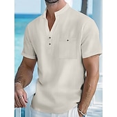 preiswerte Urlaub-Herren leinenhemd Popover-Hemd Freizeithemd Knopfhemd Einfach Urlaub Straße Weiß Gelb Rosa Aprikose Kurzarm Stehkragen Frühling &amp; Sommer Bekleidung Tasche
