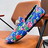 preiswerte Herrenpantoletten &amp; -slipper-Blaue Slipper für Herren mit Blumenmuster und Löwenkopf-Dekoration, stylische Mokassins, ideal für Freizeitausflüge, als Freizeitkleidung und für erholsame Ferien