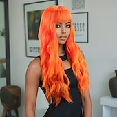 baratos Perucas de festa-Perucas sintéticas Ondulado Trama Curly Corte em Camadas Com Franjas Fabrico à Máquina Peruca 28 polegadas A1 Cabelo Sintético Mulheres Clássico Confortável Cores Gradiente Laranja