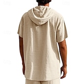 preiswerte Baumwoll-Leinenhemd-Herren Hemd Leinenhemd Popover-Hemd Freizeithemd Baumwollhemd Einfach Urlaub Straße Schwarz Weiß Gelb Marineblau Kurzarm Mit Kapuze Sommer Bekleidung Button-Down