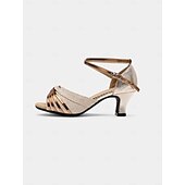 abordables Chaussures de danses latines-Sandales de danse à talons bas et paillettes dorées pour femmes – Chaussures de danse latine scintillantes avec brides croisées pour artistes adultes et entraînement