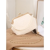 baratos Casamento ACC-Bolsa clutch vintage com alça de pérola para mulheres – elegante bolsa transversal de cetim texturizado para casamentos, festas noturnas e eventos formais