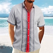 preiswerte Freizeithemden für Herren-Herren Hemd Waffelhemd Sommerhemd Freizeithemd Strandhemd Knopfhemd Schwarz Weiß Wein Grün Kaki Kurzarm Geometrisch Revers Urlaub Täglich Patchwork Bekleidung Mode Lässig