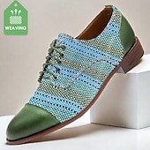 cheap Textured Weave Shoes-Men&#039;s Green and Blue Handwoven Oxford Shoes – Casual Artistic Lace-Up Shoes for Summer and Weekend Gatherings