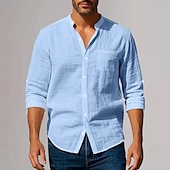preiswerte Business Casual-Herren Baumwoll-Leinen-Hemd Tiefer Ausschnitt Einfach Urlaub Strand Schwarz Weiß Khaki Dunkelgray Langarm Großvaterkragen Sommer Frühling Bekleidung Tasche