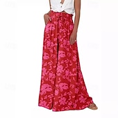 economico gamba larga e vita alta-Per donna Culotte Gamba Larga Pantaloni Eleganti Pantaloni Casual Boho Lunghezza intera Naturale Fiore Tasca Elastico in vita Stampa Comodo All&#039;aperto Ferie Casual Quotidiano Weekend Magenta Bianco