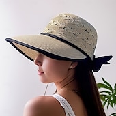 baratos Chapéus-chapéu de sol respirável feminino com laço, chapéu de palha com design oco, boné de verão dobrável com proteção UV