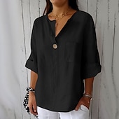 cheap Shirts-Women&#039;s Cotton Linen Blouse Solid Color Elegant Stylish Casual 3/4 Length Sleeve V Neck Regular Tops Daily Holiday Buttons Black White Pink Blue Beige Summer Spring