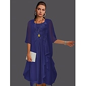 abordables Avec veste-Robe à deux pièces A-ligne pour la mère de la mariée à la plage invitée de mariage élégant col arrondi longueur genou chiffon dentelle sans manches vestes avec plis et appliqués 2025 taille