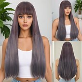 abordables Perruques Synthétiques Sans Bonnet-Perruque Synthétique Lisse Droit crépu Coupe dégradée Frange Droite Fabriqué à la Machine Perruque 28 pouces A1 Cheveux synthétiques Femmes Fête Classique Confortable Gris