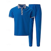 voordelige T-shirt sets voor heren-Voor heren Wafel Shirt T-shirt past Shirt- en broeksets 2 stuks outfits Korte mouw Revers Zomer Kleurenblok Modieus Casual Lapwerk 2-stuks Vakantie Alledaagse kleding Uitgaan Zwart Wit Koningsblauw