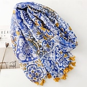 abordables Mangas &amp; Bufanda-Bufanda con estampado bohemio azul, 100 % poliéster, transpirable. &amp;Chal de playa decorativo, resistente al sol, con flecos, estilo bohemio inelástico, lavable a mano - sin plumas