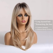 levne Syntetické trendy paruky-20 palců dlouhé rovné blond vrstvené syntetické paruky pro ženy s tmavými kořínky pro každodenní párty