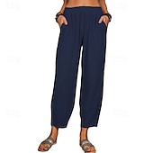 economico Pantaloni in lino e cotone semplici-Per donna Pantaloni in cotone e lino Pantaloni Eleganti Streetwear Casual Lunghezza intera Naturale Semplice Tasca Elastico in vita Comodo Confortevole Uscire Weekend Vinaccia Grigio Nero Bianco