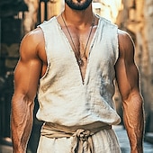 preiswerte Baumwoll-Leinen T-Shirts-Herren leinenhemd Tank Top Weste Unterhemd Ärmellos V Ausschnitt Sommer Einfach Mode Böhmische Klassisch Straße Lässig Sport Beige Top T-Shirt für Herren