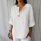 cheap Shirts-Women&#039;s Cotton Linen Blouse Solid Color Elegant Stylish Casual 3/4 Length Sleeve V Neck Regular Tops Daily Holiday Buttons Black White Pink Blue Beige Summer Spring