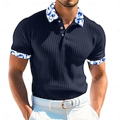 お買い得  メンズクラシックポロ-男性用 リブニットトップス テクスチャード加工 ワーク カジュアル ラペル リブ付きポロカラー 半袖 ベーシック 近代の カラーブロック ボタン ニット 夏 春夏 スリムフィット ホワイト ネイビーブルー ライトブルー グレー リブニットトップス