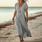 abordables concevoir des robes en coton et lin-Robe midi féminine robe d&#039;été décontractée quotidienne vacances plage ajustement régulier lin-like unie à manches courtes col en V blanc rose bleu vert été