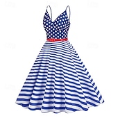  250º Aniversário EUA Meio-dia Vestidos Sem Mangas Nadador Bandeira dos EUA Decote V Fantasia Mulheres 250º Aniversário EUA 4 de julho Festa Adulto Vestido Verão