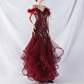 economico ROSSO-Abiti Quinceanera Mermaidi  Trumpet in Paillettes Elegante Abito Formale Semi Formale Matrimonio Lunghezza P_avimento Senza Maniche Scollo a V Tulle Volant con Piume