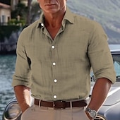 voordelige casual herenoverhemden-Voor heren Katoenen shirt Zwart Wit khaki Donkergrijs Licht Blauw Lange mouw Effen Revers Vakantie Kleding 100% katoen Modieus Casual Comfortabel